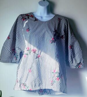 Lipslide Womens Checked Floral 3/4 Sleeve Pullover Blouse Size S Cottage Preppy